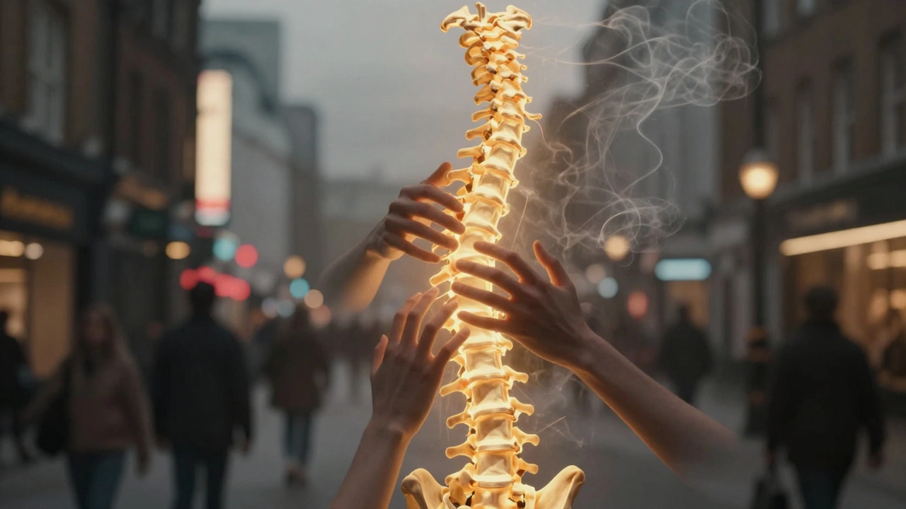 A glowing spine emerging from a dark cityscape, touched by hands that release tension like smoke.