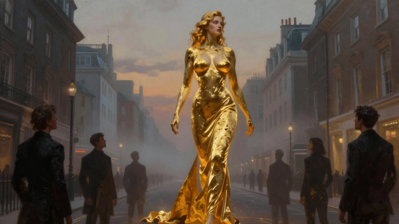A glowing statuesque woman walks through foggy Mayfair, symbolizing powerful, unapologetic desire.
