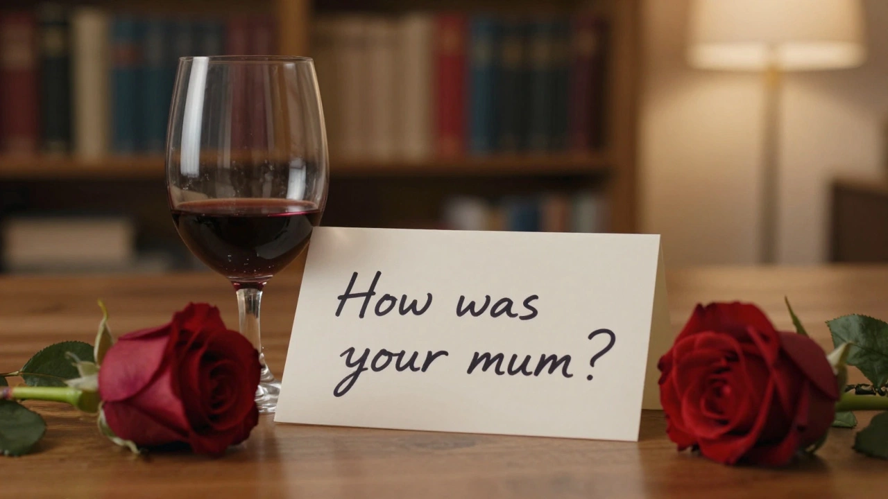 A handwritten note and a glass of wine rest on a wooden table beside a single rose, warm ambient light glowing.