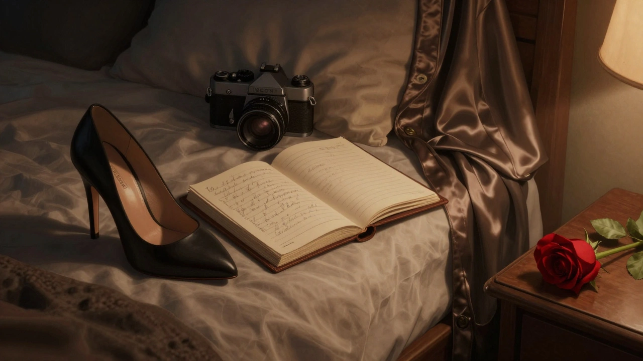 A high-heeled shoe and film camera rest on a bed beside an open journal and a red rose.