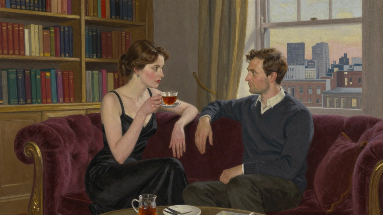 A man and woman share quiet tea in a stylish London penthouse, skyline visible through the window.