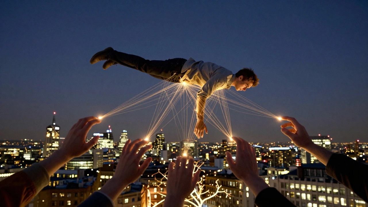 A man floating above London, his body dissolving into golden light threads connecting to unseen hands.