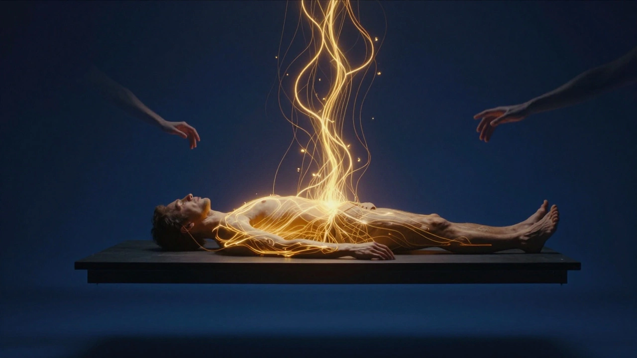 A man floating in darkness as golden energy threads rise from his body, symbolizing deep neurological release.