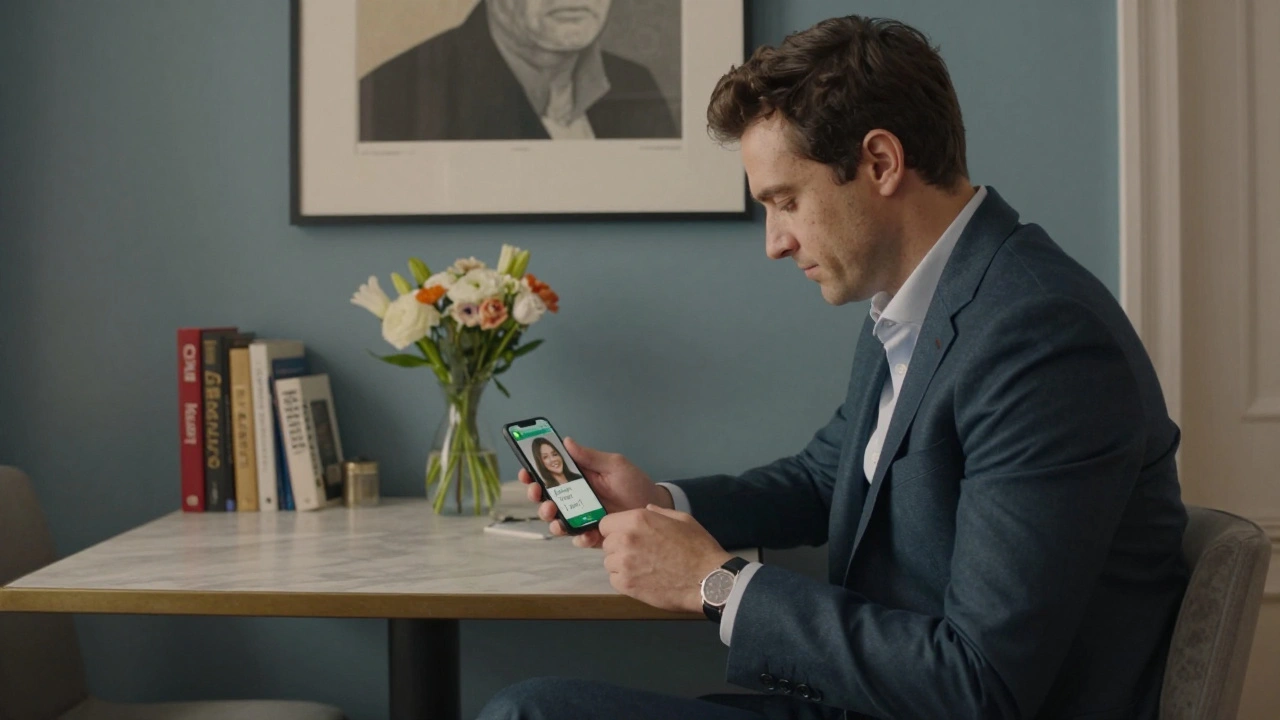 A man in a suit viewing a WhatsApp message on his phone, showing a professional escort’s photo, in a tastefully decorated Notting Hill apartment.
