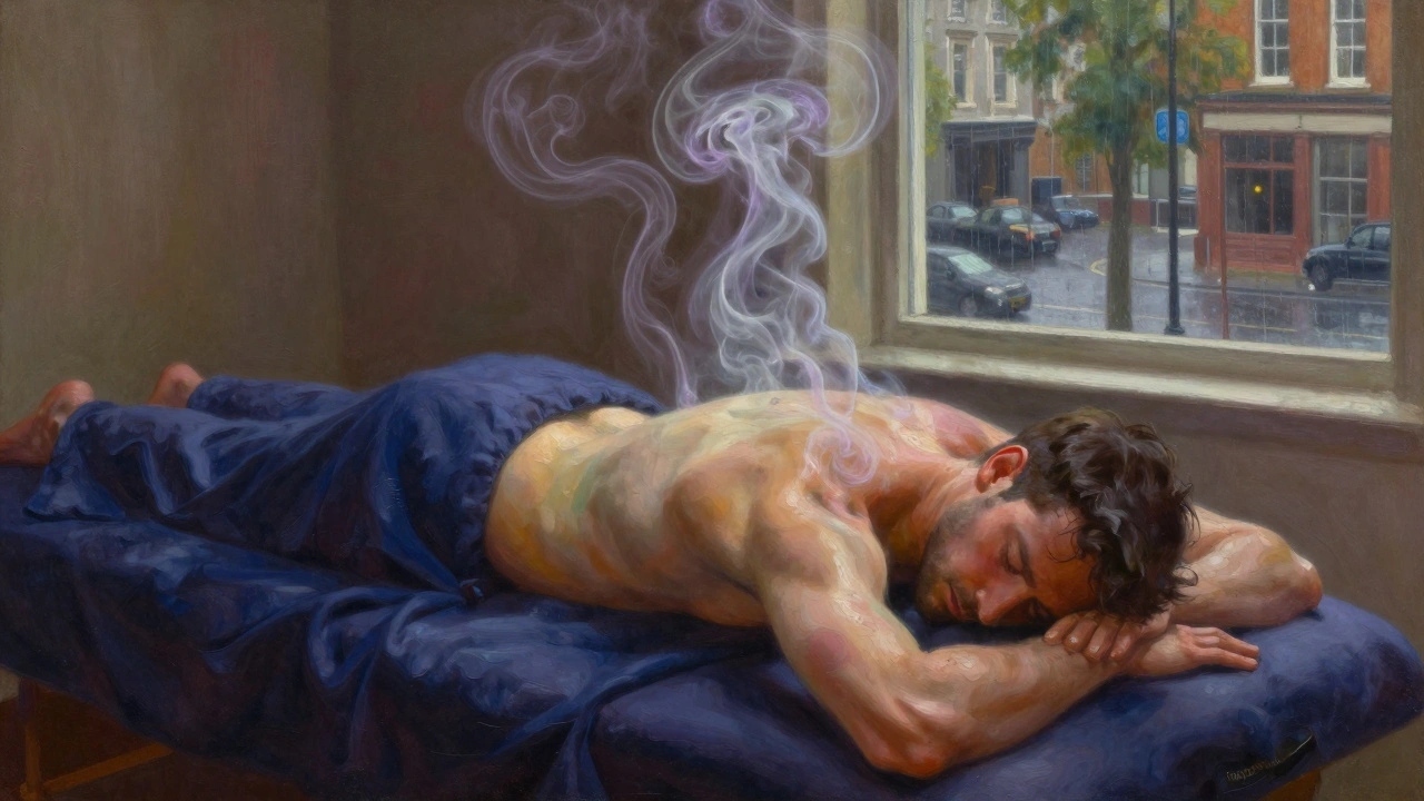 A man on a massage table surrounded by ethereal vapor trails of essential oils, rendered in rich artistic oil painting style.