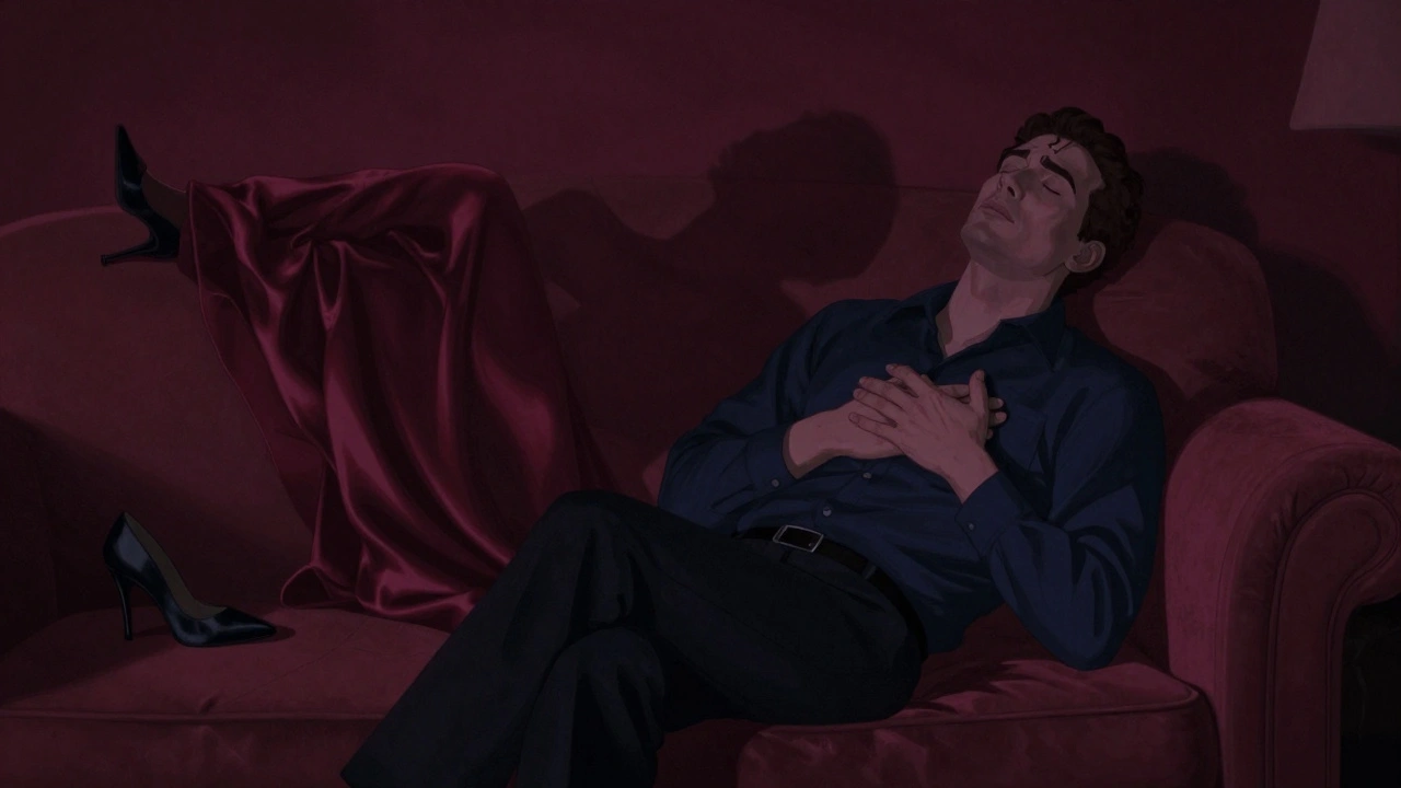 A man sits alone on a sofa, eyes closed, recalling an intimate moment as a shadowy figure fades away.