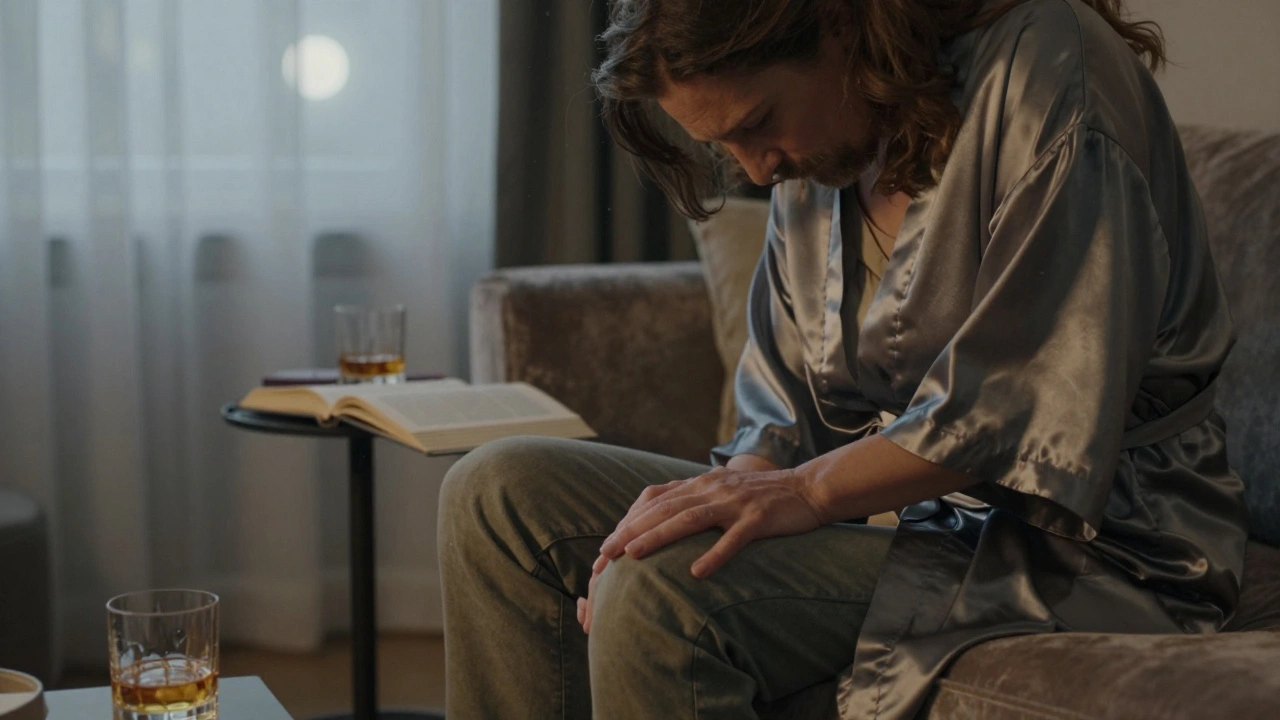 A man sits on a velvet sofa as a woman gently places her hand on his knee, moonlight filtering through sheer curtains.