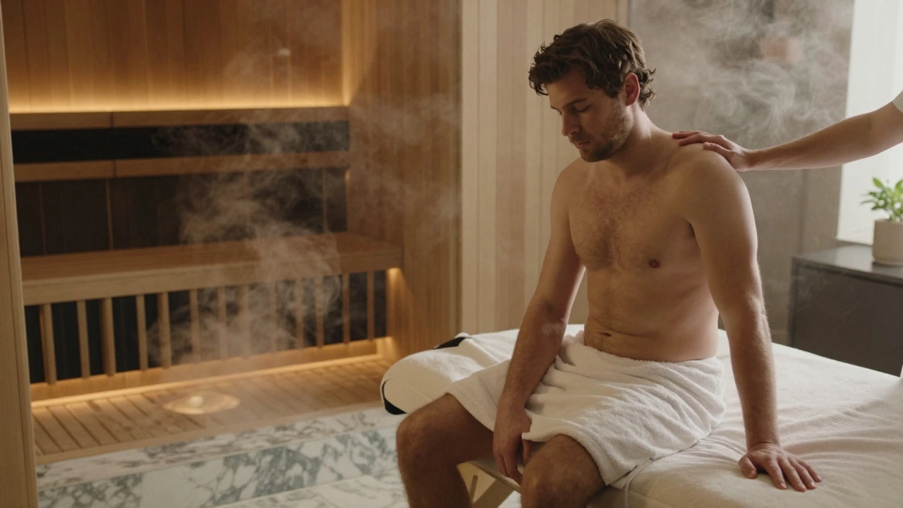 A man sitting on a massage table in a luxury penthouse, eyes closed, steam rising nearby, towels draped, emotional stillness in the air.