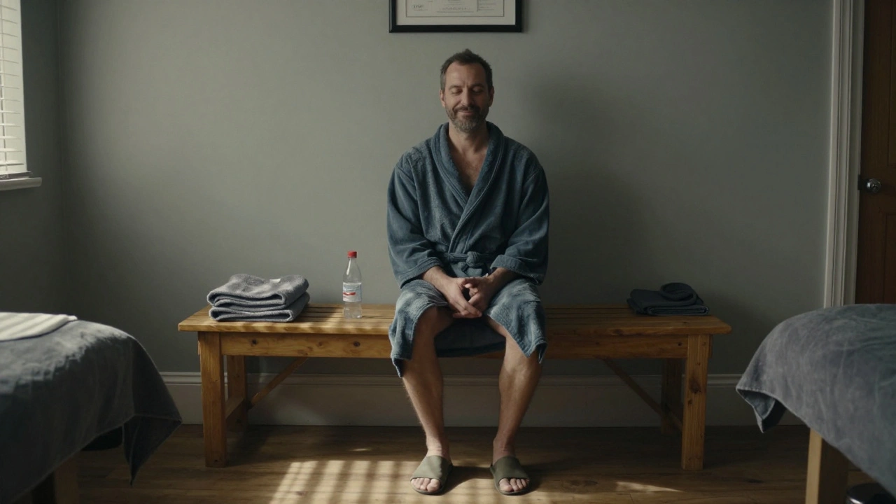 A man sitting quietly after a massage, wearing a robe, sunlight streaming through blinds in a modest studio.
