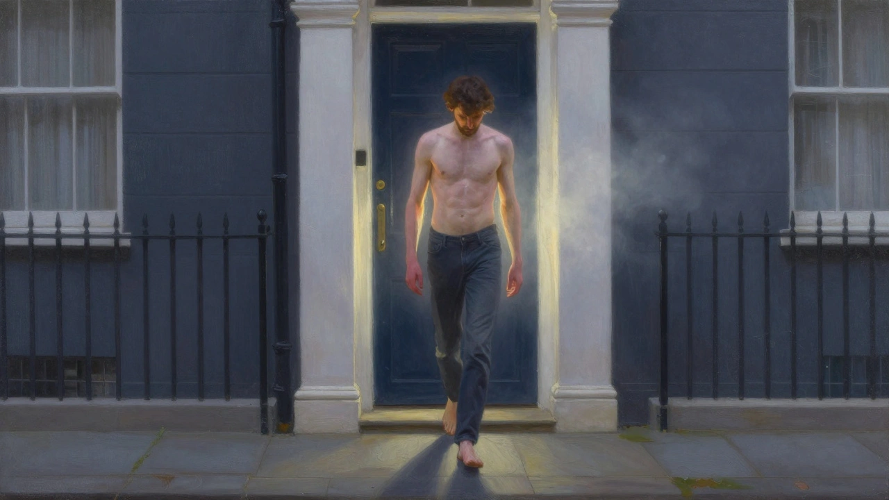 A man walking barefoot out of a house at dawn, glowing with calm, no face visible, mist in the air.