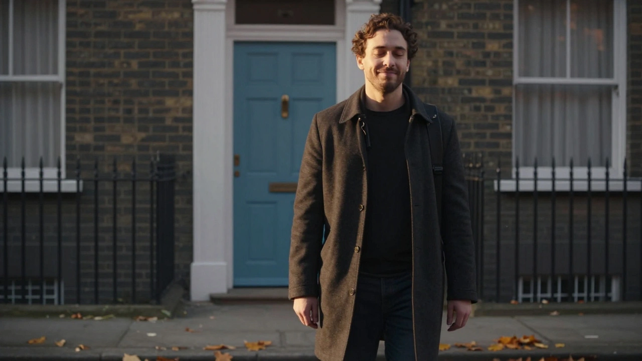 A man walking calmly out of a London building, eyes closed, radiating peace after a head massage.