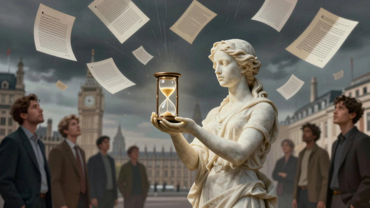 A marble statue woman emerging from floating reviews and contracts, holding an hourglass in London.