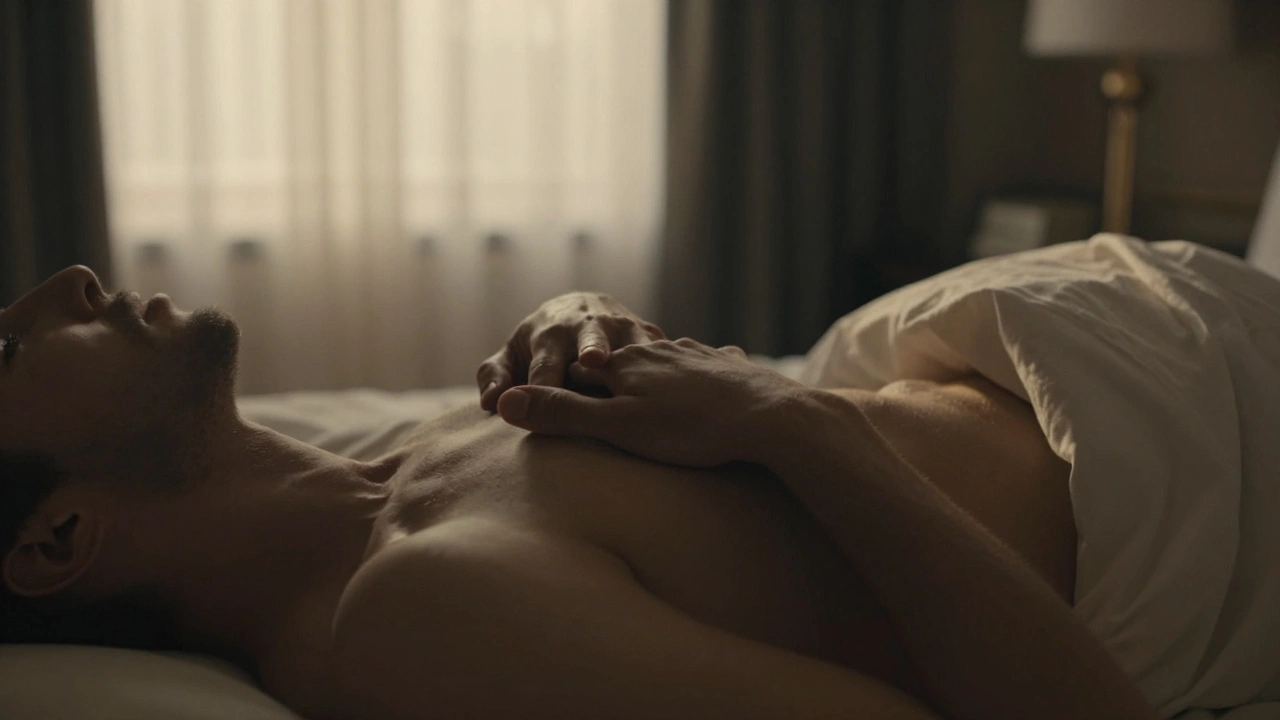 A quiet intimate embrace in a luxury hotel room, skin and fabric rendered in warm golden light.