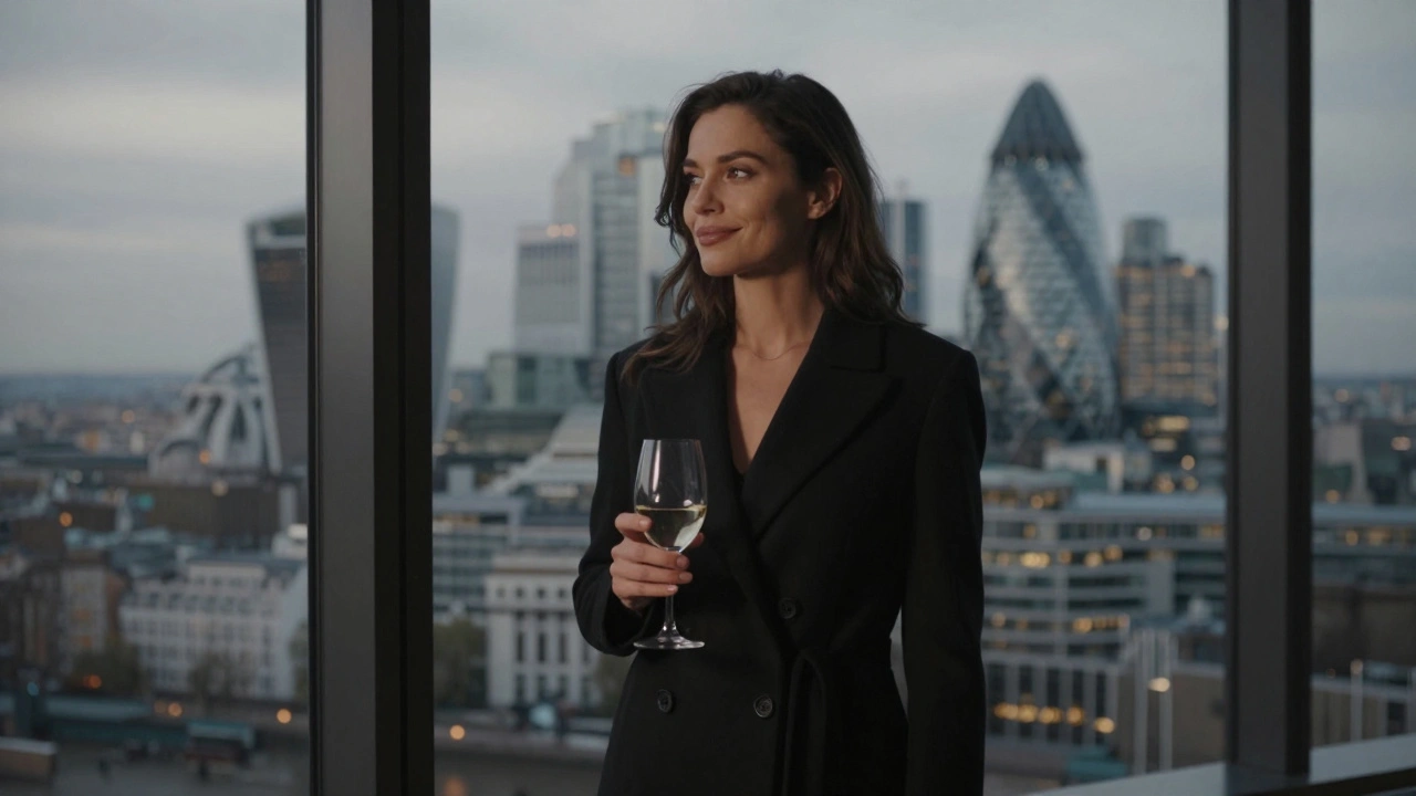 A sophisticated woman standing by a London window at dusk, calm and composed, overlooking the city.