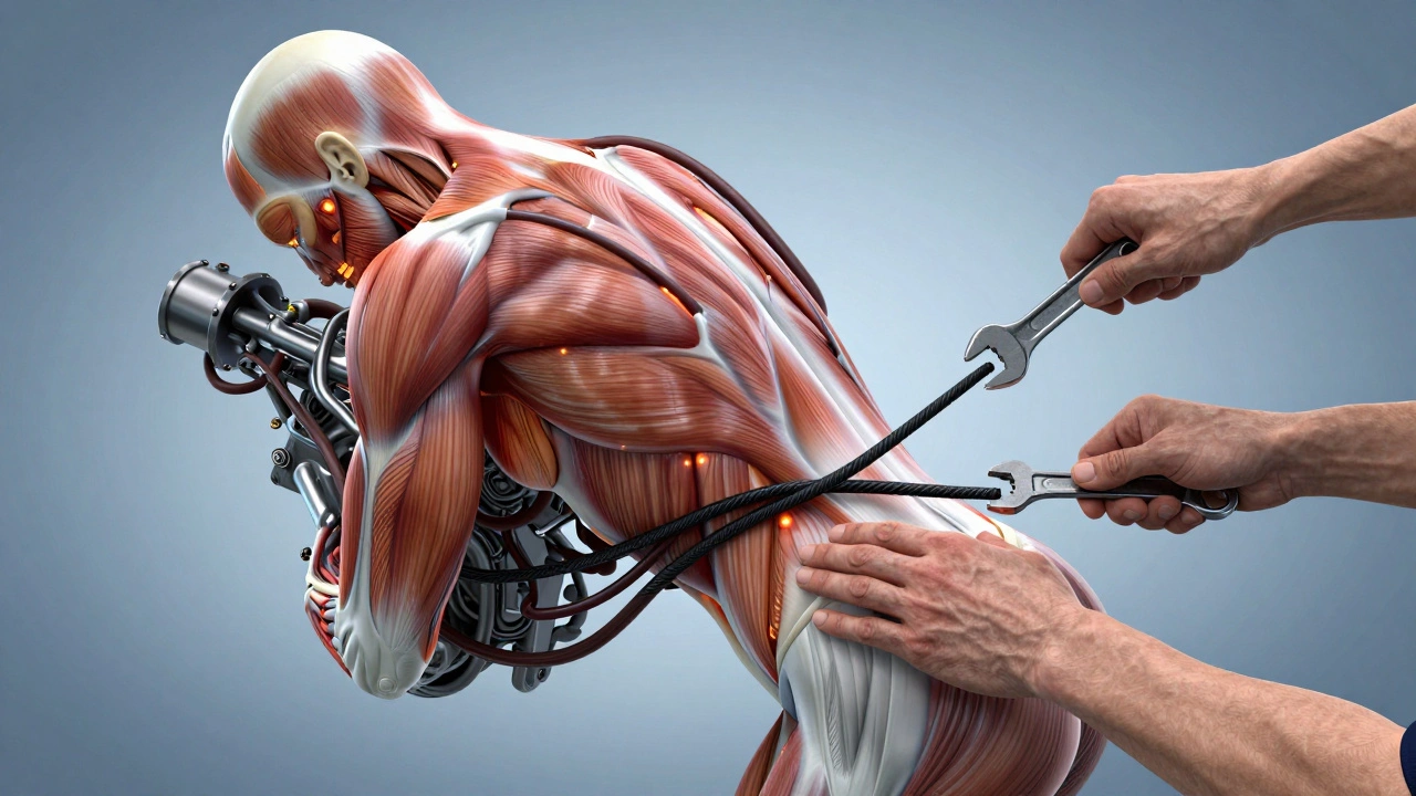 A stylized human body with tension knots as cables being released by skilled hands, symbolizing stress relief and physical reset.