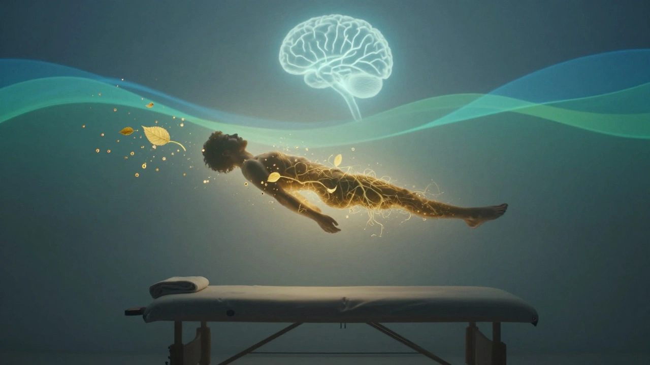 A surreal floating figure dissolving into scent molecules and neural light, symbolizing deep emotional release and calm.