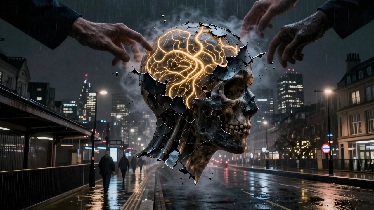 A surreal floating human head with glowing neural pathways as tension cracks and dissolves into mist above London.