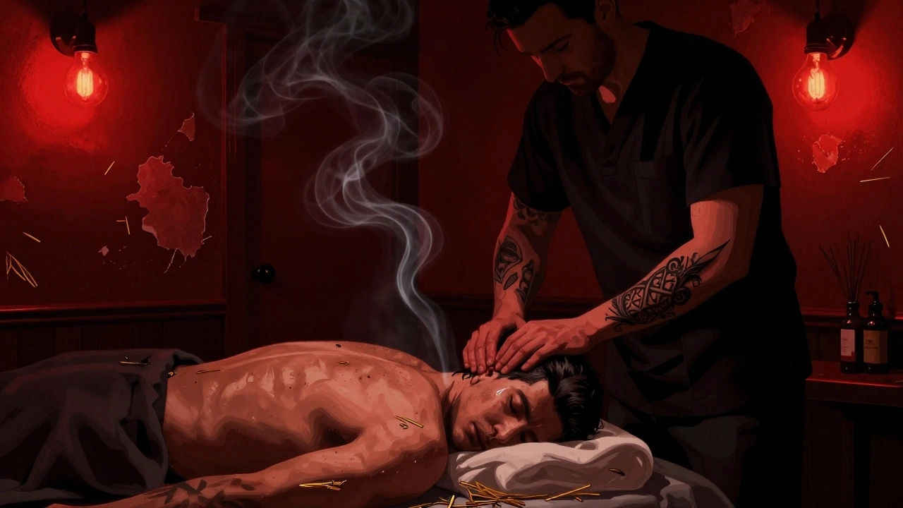 A therapist performing scalp tapping in a dim Shoreditch room, client with goosebumps and a tear on his temple.