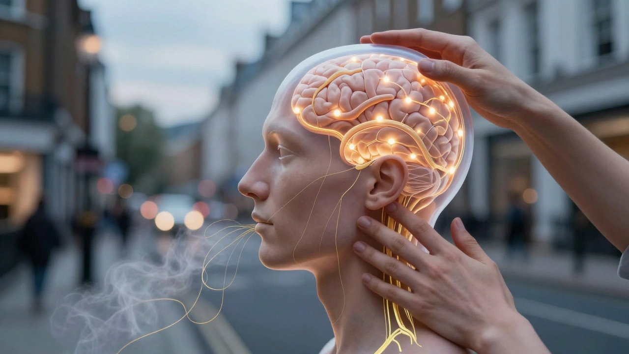 A translucent human head with glowing nerve pathways, tension unraveling like tangled earbuds into mist, symbolizing mental reset.