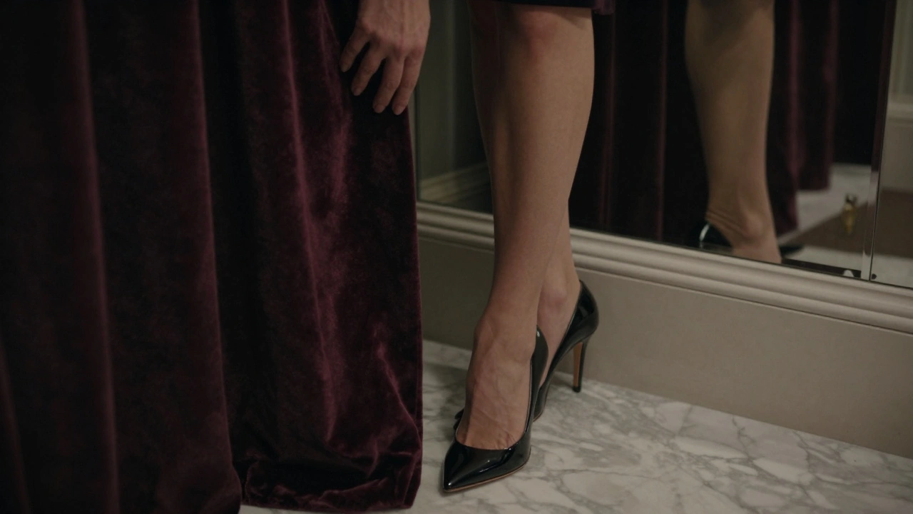 A woman&#039;s hand traces a velvet curtain as she enters a dimly lit Mayfair hotel suite.