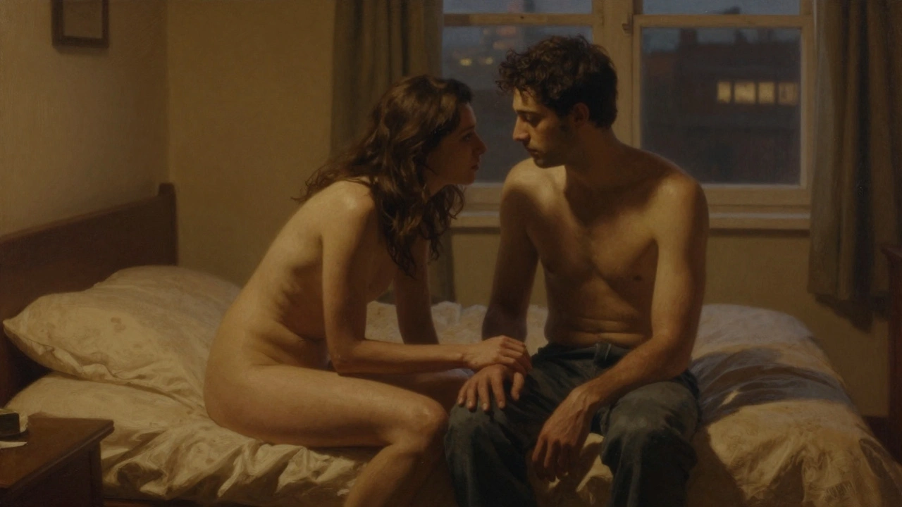 A woman and man sit in quiet intimacy in a softly lit bedroom, hands touching, no luxury, just genuine human connection.