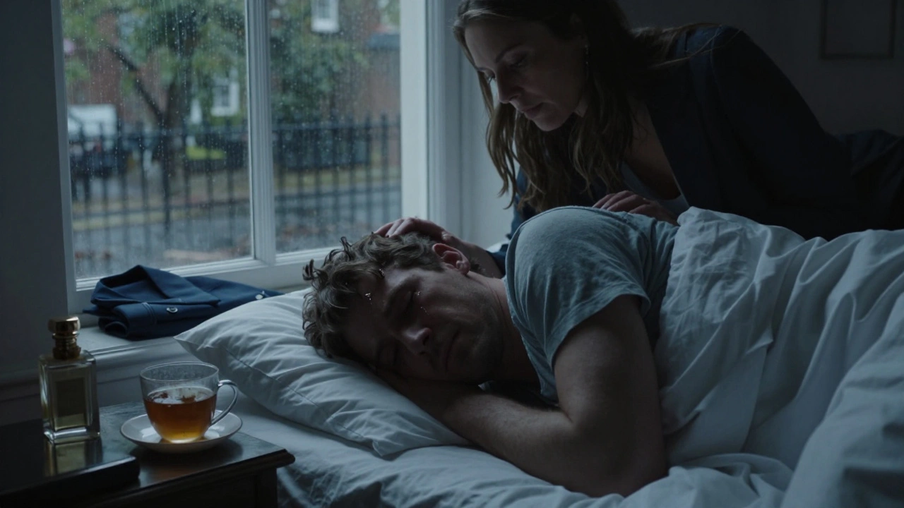 A woman gently stroking a man's hair as he lies tearfully in bed, rain falling outside a quiet North London window.