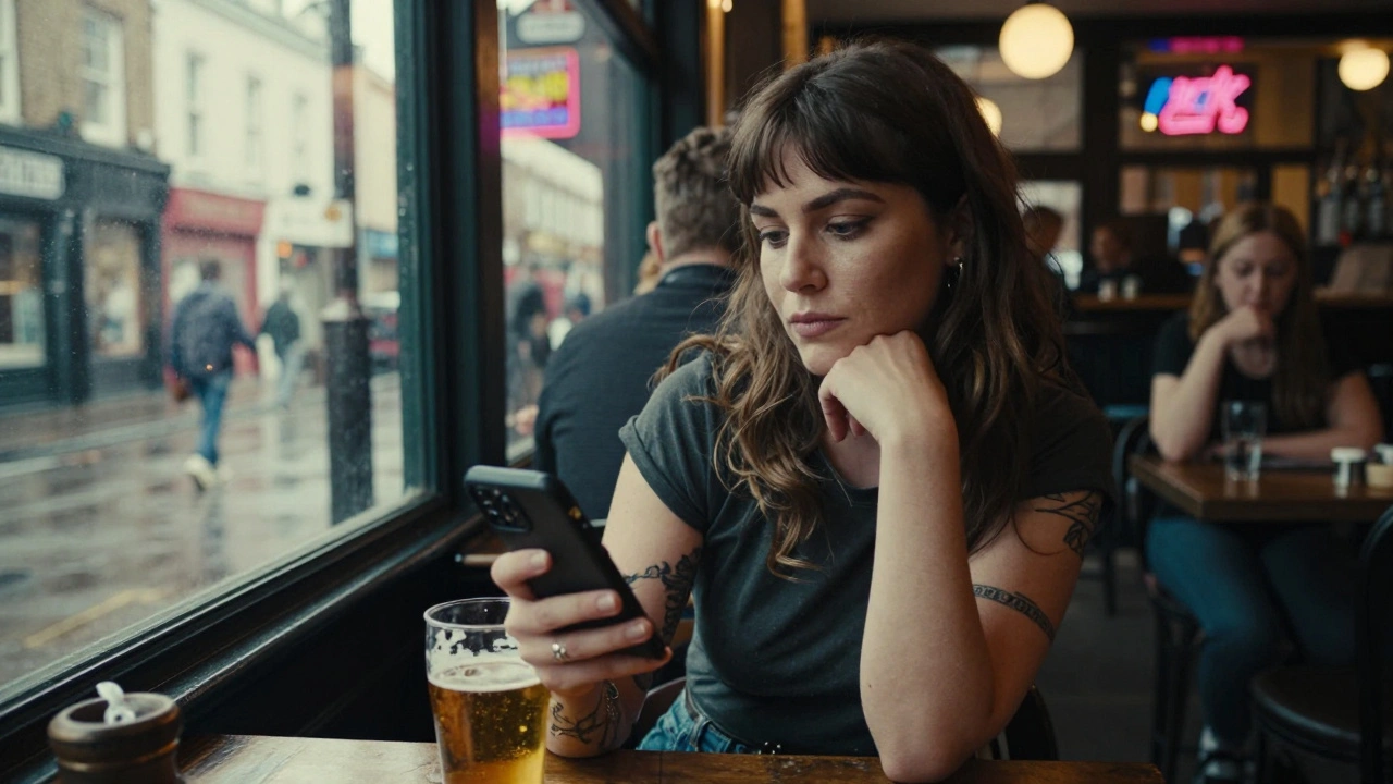 A woman in a Hackney pub holds her phone, surrounded by blurred patrons, exuding calm confidence in a gritty urban setting.