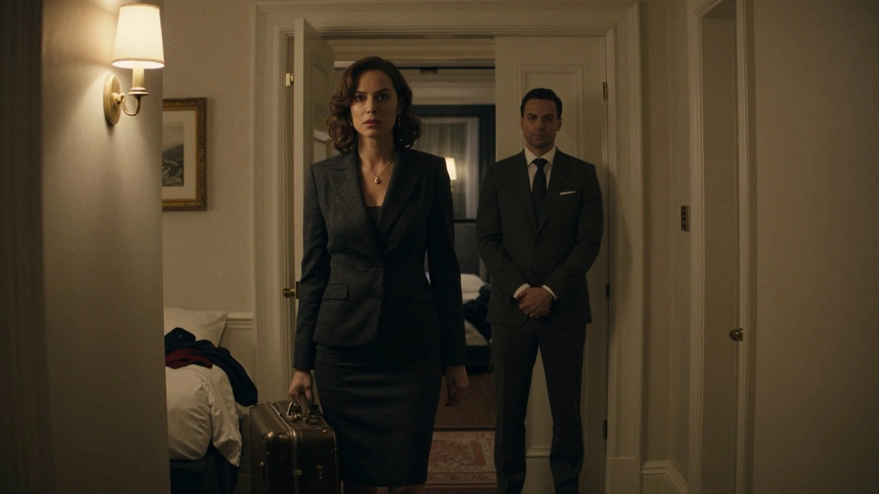 A woman in a luxury hotel hallway with a suitcase, a respectful man behind her, dim lighting.