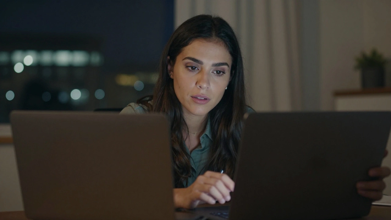 A woman on a video call, softly lit, listening intently with city lights behind her in a quiet London apartment.