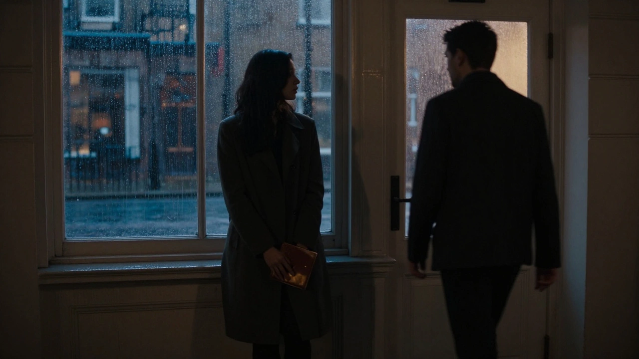 A woman stands by a rainy window in Chelsea as a man walks away, his posture lighter, the city misty and quiet.
