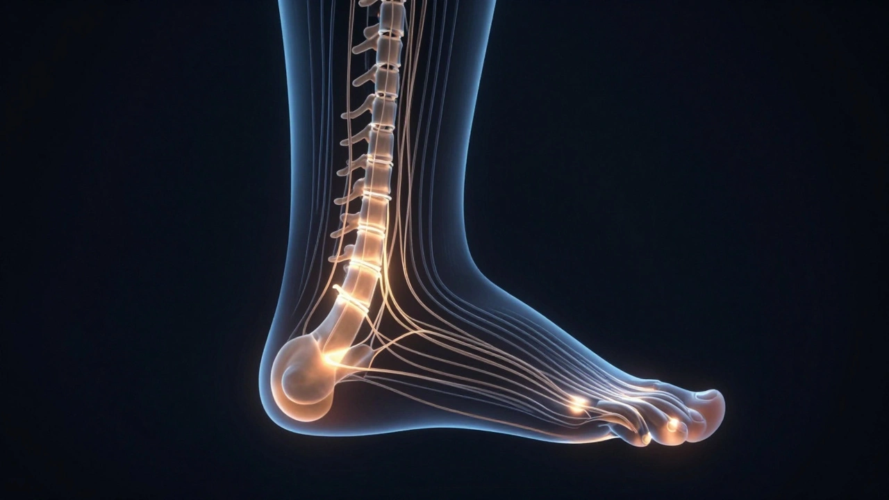 Abstract illustration showing energy flowing from a foot to the body’s core, symbolizing pain relief and nervous system reset.