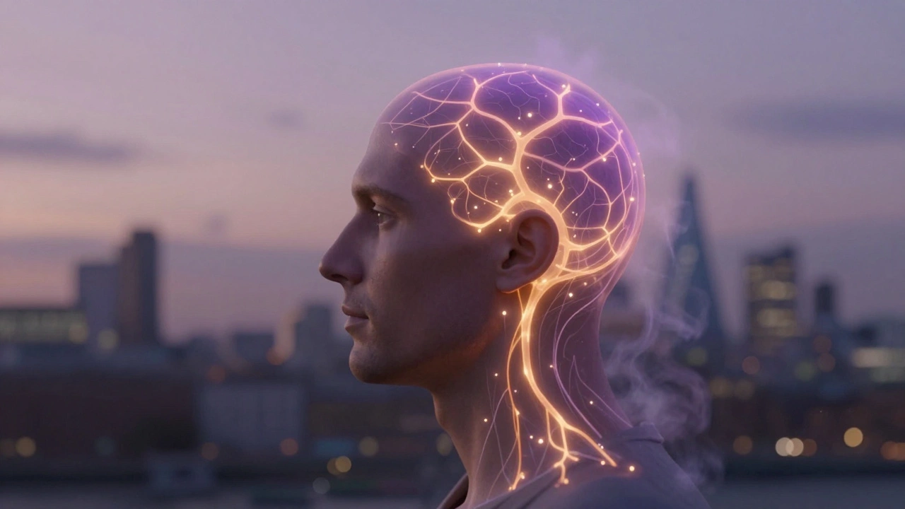 Abstract neural pathways glowing around a man's head, symbolizing stress relief and endorphin release.