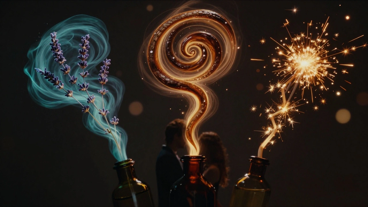 Abstract scent trails of lavender, sandalwood, and bergamot rising from oil bottle toward a silhouetted couple.