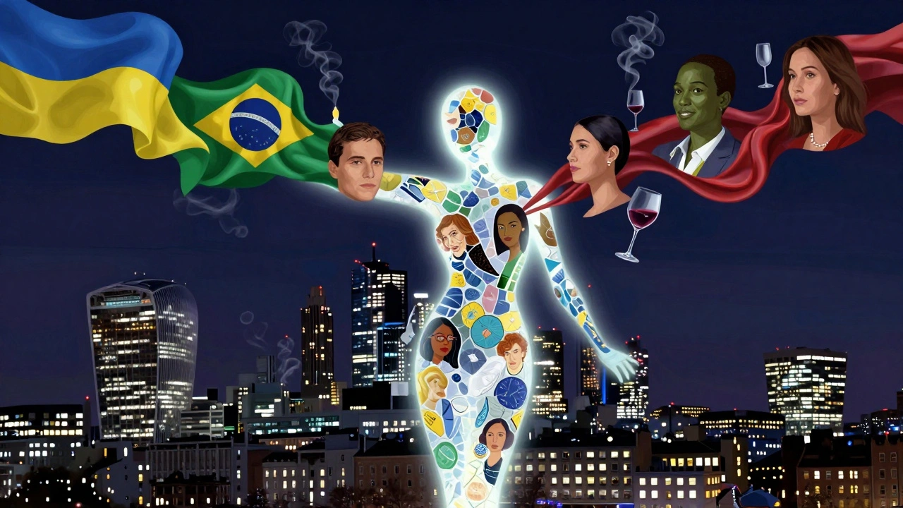 An abstract mosaic of global faces dissolving into silk, candles, and wine, rising above the London skyline as a symbol of emotional connection.