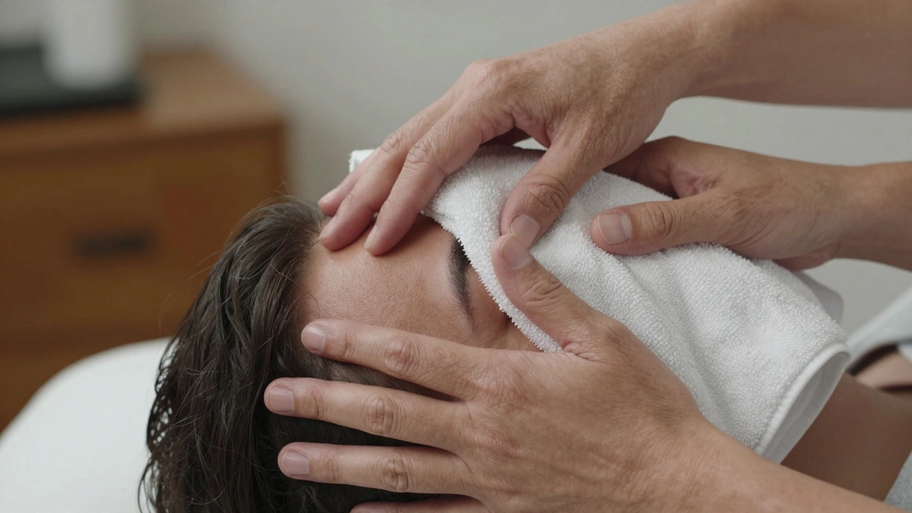 Close-up of a therapist's hands pressing precisely into the base of the skull, a cool towel nearby, during a head massage.