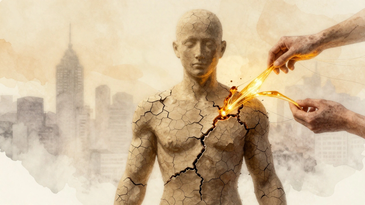 Cracked clay figure being gently repaired by golden light, symbolizing emotional and physical healing.