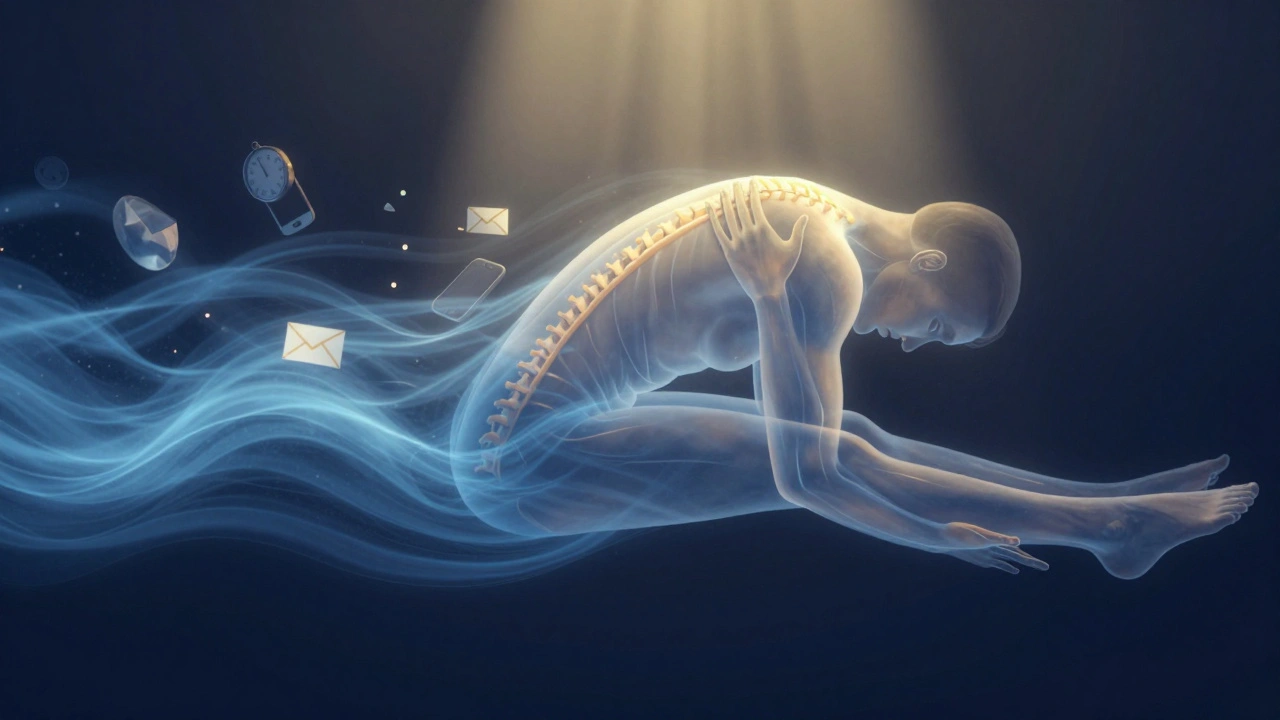 Human body dissolving into light as stress fragments float away, hands pressing gently.