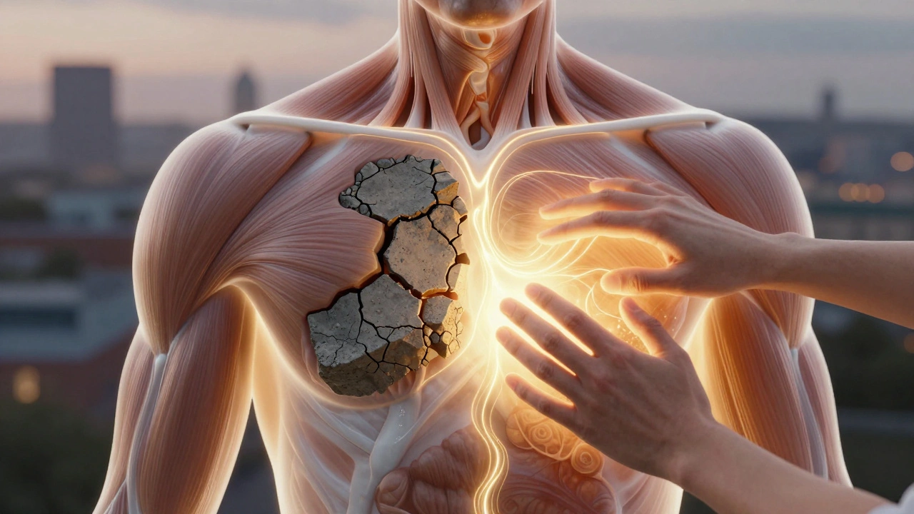 Illustrated human torso with tension knots dissolving into golden light.