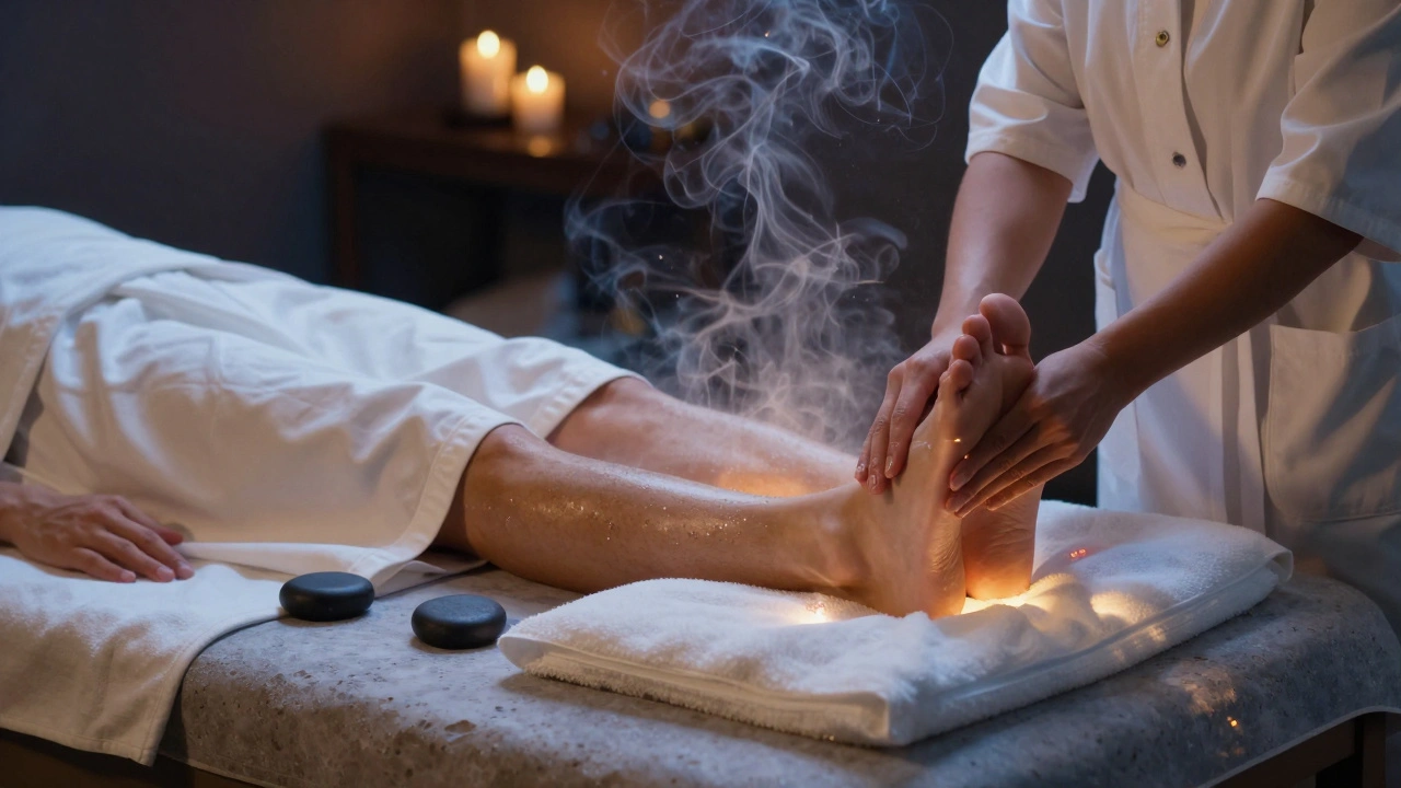 Man in silk robe receiving a foot massage in a luxury spa, lavender mist and heated stones creating a calm atmosphere.