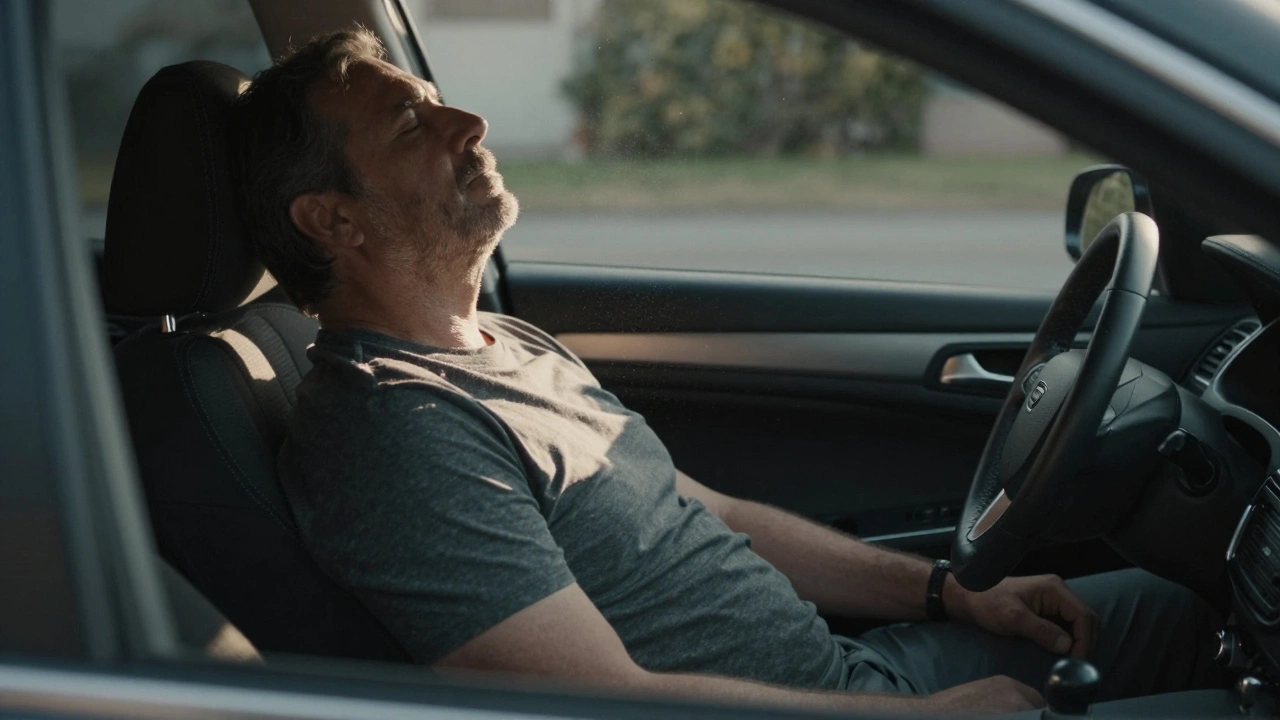 Man sitting peacefully in his car after a massage, eyes closed, face relaxed in quiet release.