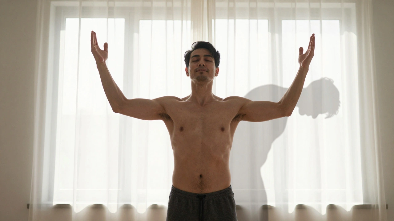 Man standing tall after a massage, sunlight highlighting his renewed posture.