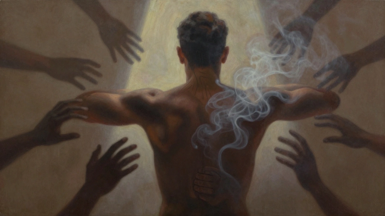 Silhouette of a stressed human form dissolving into smoke, symbolizing emotional and physical release.