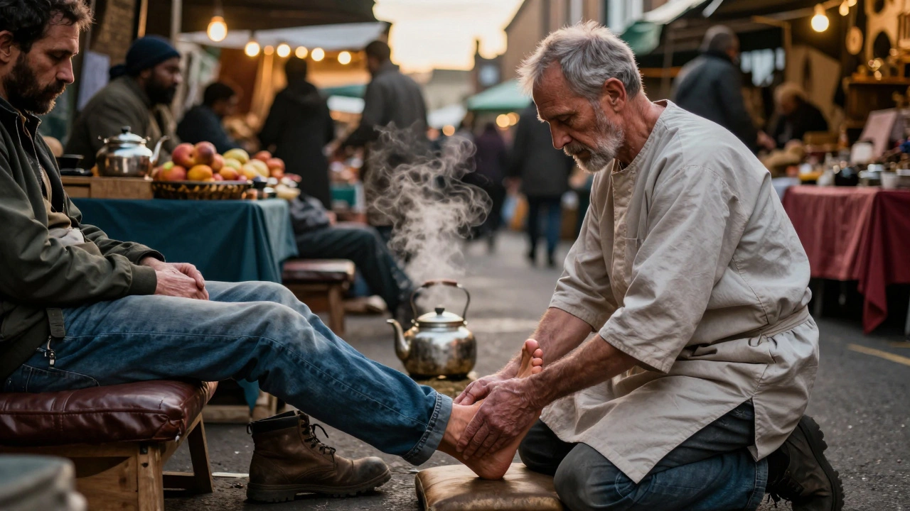 Street therapist massaging a man's foot in a bustling London market at dusk, warm lighting and casual attire.