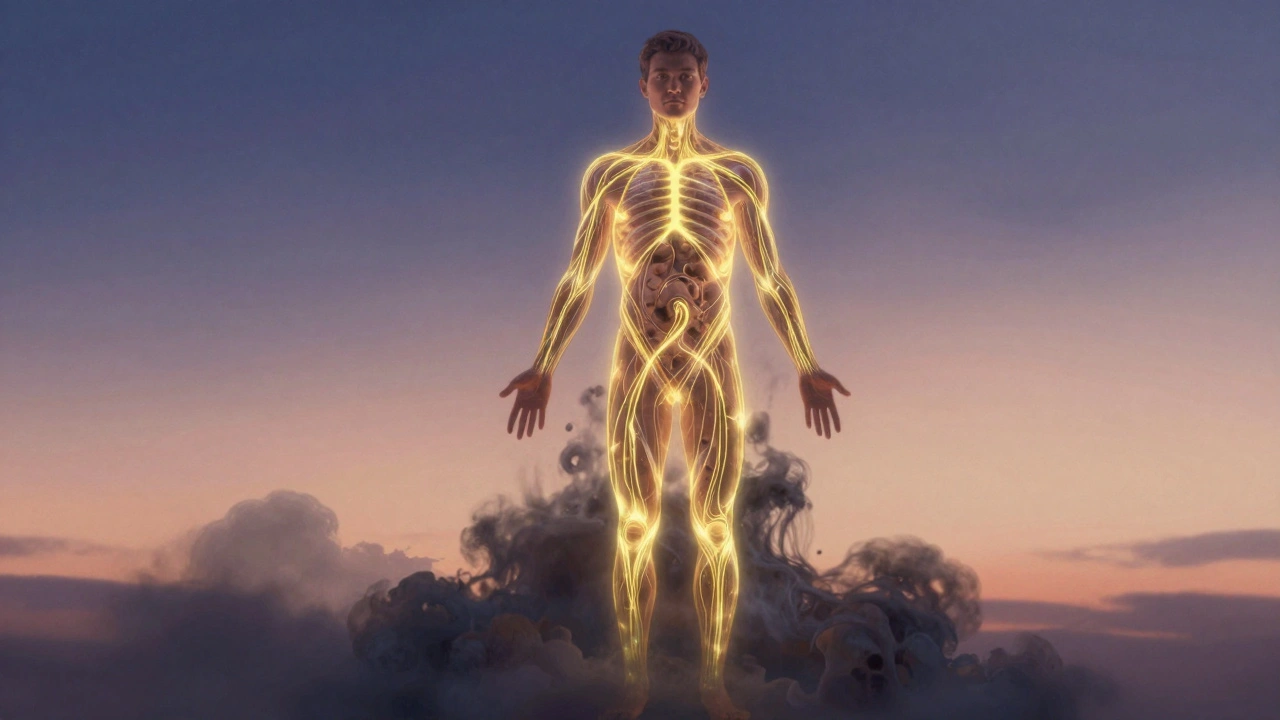 Surreal illustration of golden fluid pathways moving through a man's body, clearing toxins.