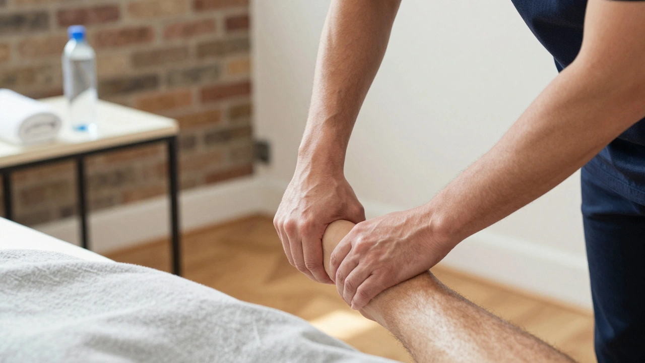 Therapist's hands performing precise, light strokes on a man's leg during lymphatic drainage session.