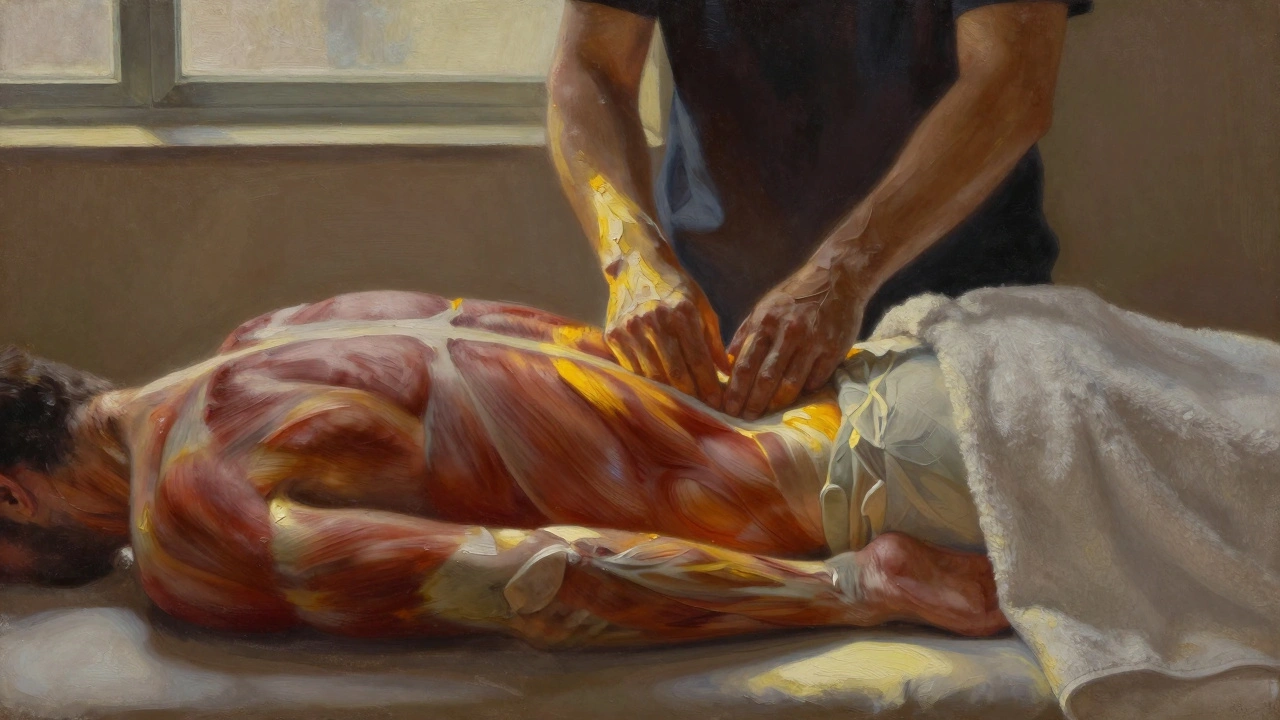 Therapist's hands working deeply along a spine and glutes, oil glistening, golden light highlighting tension released.