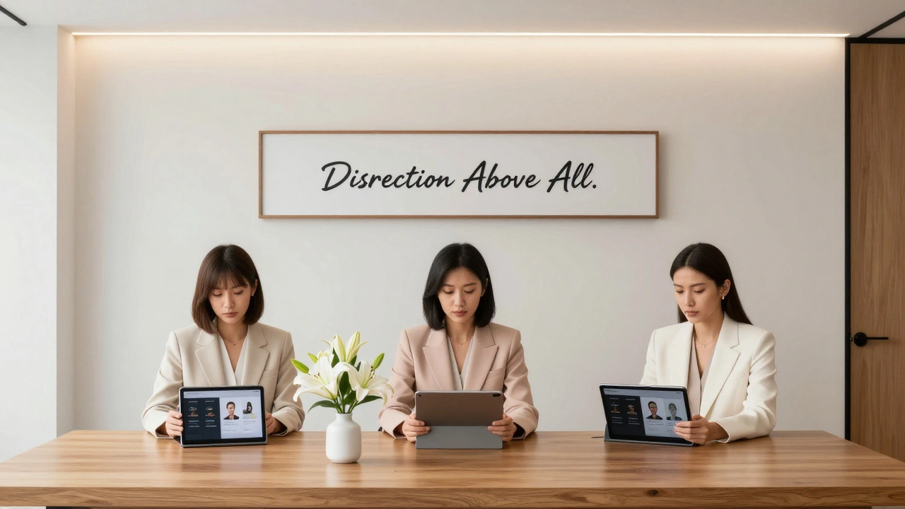 Three elegant women sit at a sleek oak desk in a discreet London agency office, tablets displaying client profiles.