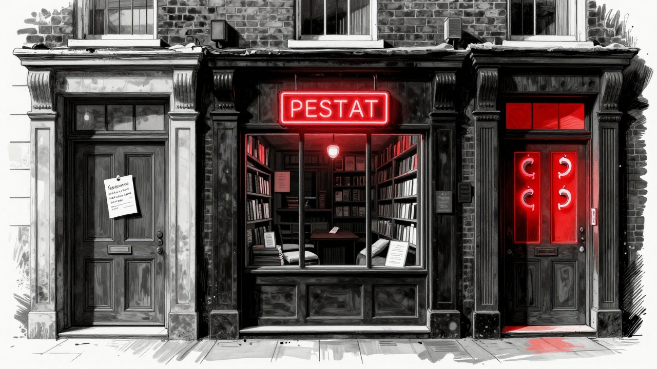 Three hidden London massage locations at night: a gym door, a parlor sign, and a bookstore door — all with subtle crimson warmth glowing within.