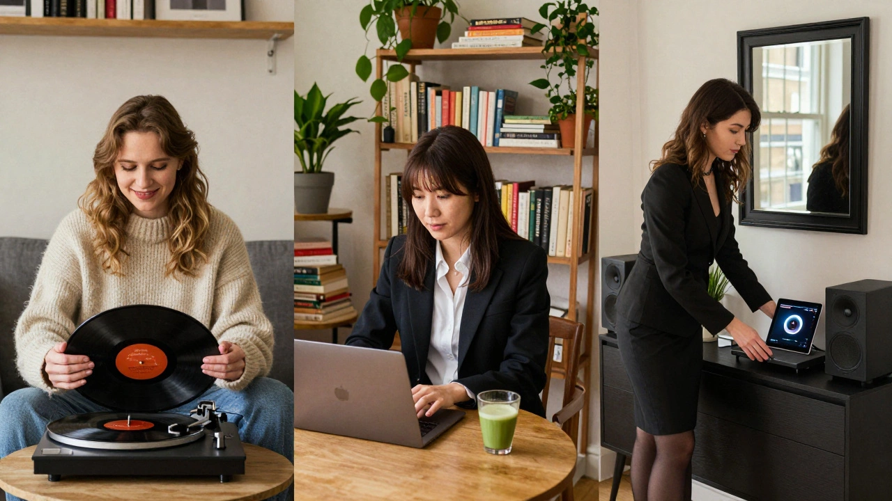 Three women from different cultural backgrounds each in their own London space, surrounded by personal touches and quiet dignity.