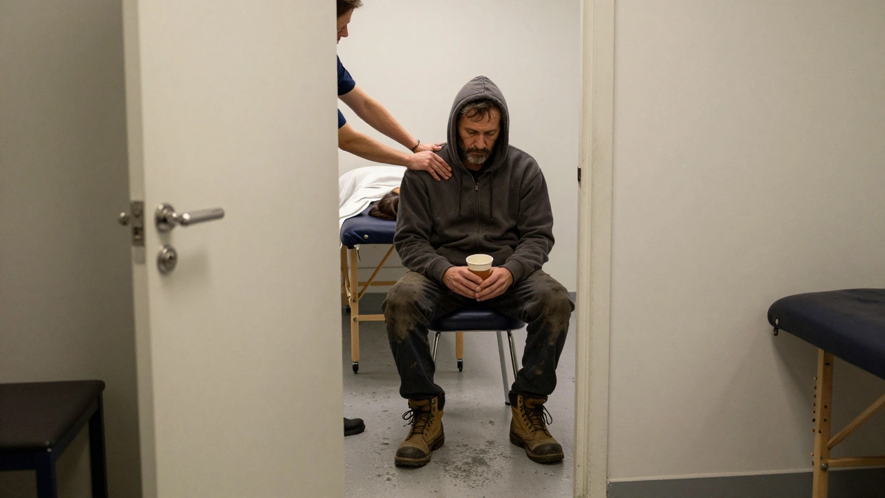 Truck driver sitting quietly in a simple massage clinic waiting room, holding tea.